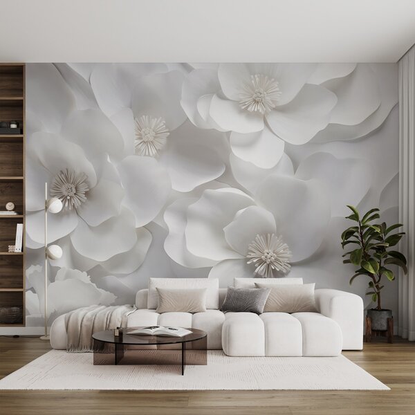 Tapet Flori albe cu petale delicate, aranjate într-un buchet dens, creând un sentiment de, Fototapet 3D, Fototapet 3D Flori, w09053 : Uwalls.ro