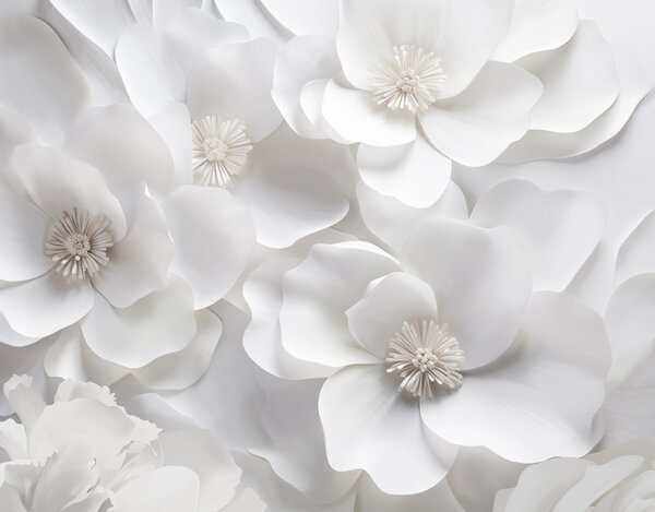 Tapet Flori albe cu petale delicate, aranjate într-un buchet dens, creând un sentiment de, Fototapet 3D, Fototapet 3D Flori, w09053 : Uwalls.ro