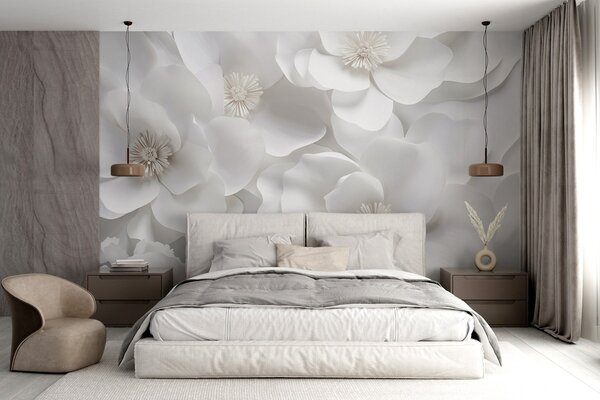 Tapet Flori albe cu petale delicate, aranjate într-un buchet dens, creând un sentiment de, Fototapet 3D, Fototapet 3D Flori, w09053 : Uwalls.ro