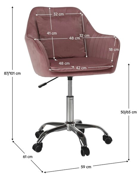Scaun birou stofa catifelata KLIAN, roz/crom, 59x61x87/101 cm
