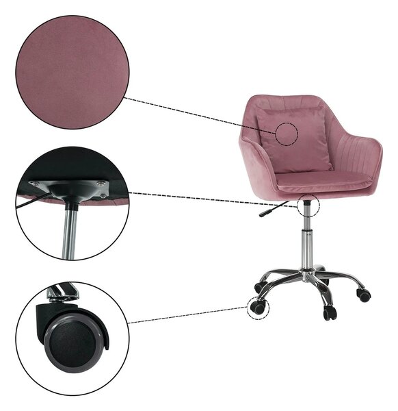 Scaun birou stofa catifelata KLIAN, roz/crom, 59x61x87/101 cm