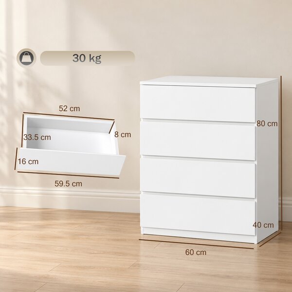 HOMCOM Comodă cu 4 Sertare, Organizator de Depozitare cu Ghidaje Metalice și Mânere cu Caneluri, 60x40x80 cm, Alb | Aosom Romania
