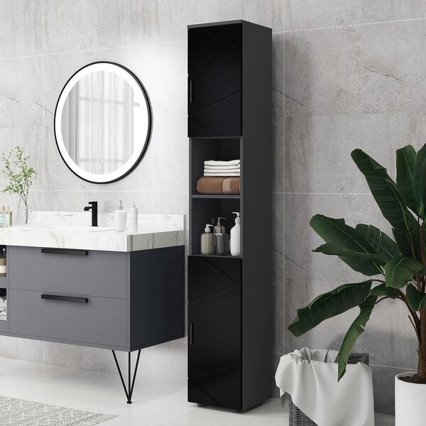Dulap Baie, Inalt de 183cm cu 2 rafturi deschise si doua dulapuri cu 2 nivele, 30x30x183cm, Negru kleankin | Aosom Romania
