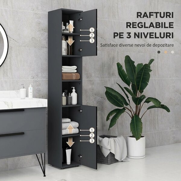 Dulap Baie, Inalt de 183cm cu 2 rafturi deschise si doua dulapuri cu 2 nivele, 30x30x183cm, Negru kleankin | Aosom Romania