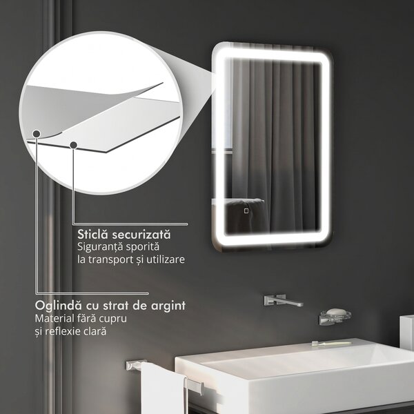 Kleankin Oglindă LED, pentru Baie și Machiaj,lumina Reglabilă cu 3 Temperaturi de Culoare, Design anti-aburire, 70x50 cm, Argintiu | Aosom Romania