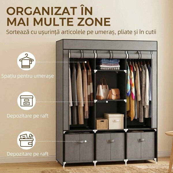 HOMCOM Șifonier din Pânză, Garderob Pliabil cu Rafturi și Sertare, Uși care se Rulează cu Fermoar, 125x43x162.5 cm, Gri | Aosom Romania