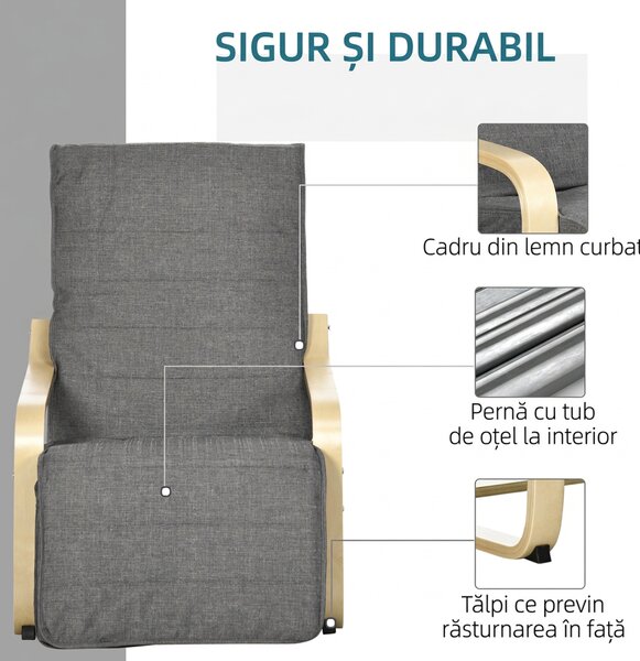 HOMCOM Fotoliu Relax cu Suport picioare pe 5 Niveluri si Tetiera, Fotoliu Ergonomic din Lemn de Mesteacan si Tesut, Gri