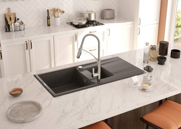 Deante Eridan, chiuveta blat granit 1000x500x208 mm W/O, 3,5" + sifon cu economie de spațiu, 1,5 camere, antracit metalic, ZQE_T513
