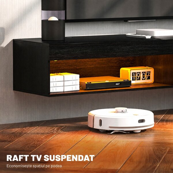 HOMCOM Suport TV Plutitor cu Lumini LED pentru Televizoare de Până la 190 cm, Consolă Media cu Raft de Depozitare, 180x40x30 cm, Negru | Aosom Romania