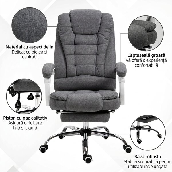 Vinsetto Scaun Ergonomic de Birou Reglabil cu Suport pentru Picioare, Spătar Înalt și Brațe, 65x70x115-123 cm, Gri | Aosom Romania