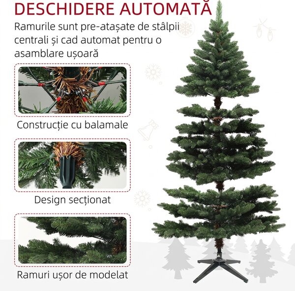 HOMCOM Brad de Crăciun Artificial cu 1050 Crengi Ignifuge, Pom de Crăciun Realist în Formă de Pin, Ø120x180 cm, Verde | Aosom Romania