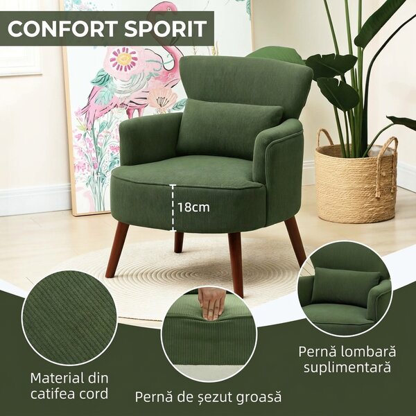 HOMCOM Fotoliu Capitonat cu Pernă și Șezut Gros, Fotoliu din Catifea cu Spătar și Picioare din Lemn, 69x69,5x78 cm, Verde | Aosom Romania