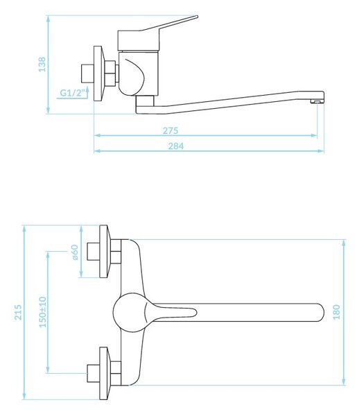 Kuchinox Tibi, baterie lavoar montată pe perete L-275, cromată, LAV-BQY_080D