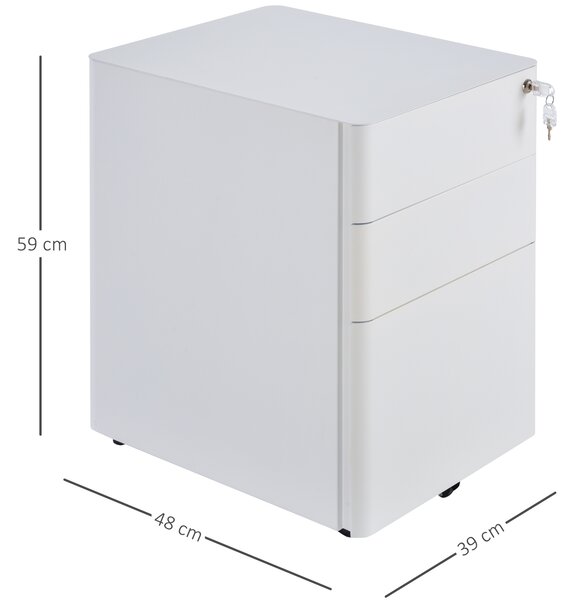 Vinsetto Fiset Metalic cu 3 Sertare și Sistem de Blocare, Mobilier de Birou pe Roti, 39x48x59cm, Design Compact, Alb | Aosom Romania