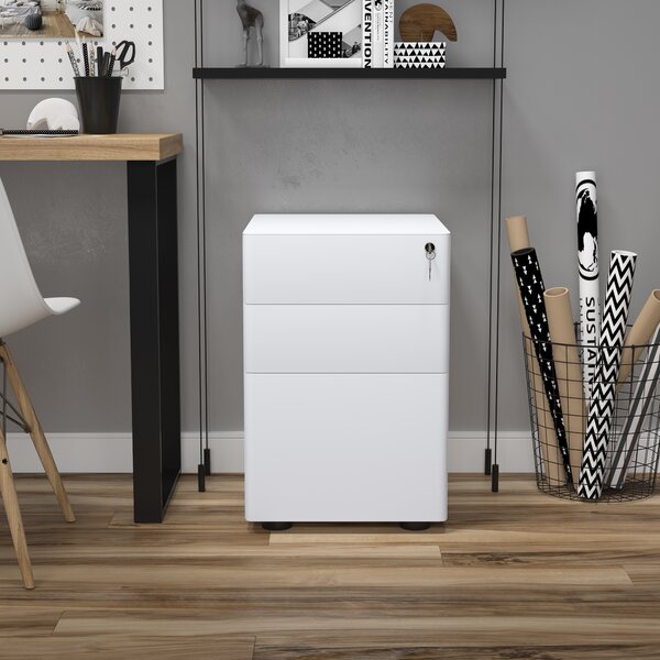 Vinsetto Fiset Metalic cu 3 Sertare și Sistem de Blocare, Mobilier de Birou pe Roti, 39x48x59cm, Design Compact, Alb | Aosom Romania