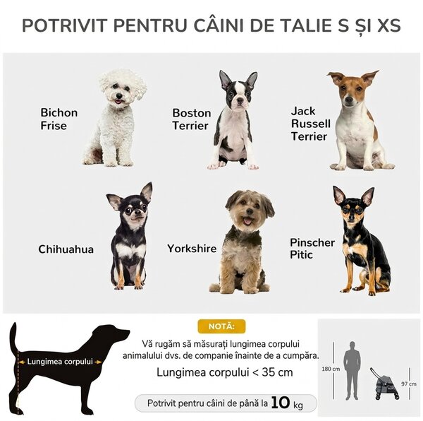PawHut Cărucior Pliabil pentru Câini cu Acoperiș Reglabil, Geantă și 2 Lese, 82x47x97 cm, Gri | Aosom Romania