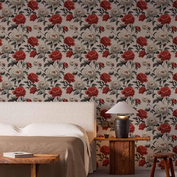 Tapet Peonies în stil retro pe un fundal bej, Tapet flori, a00107 : Uwalls.ro