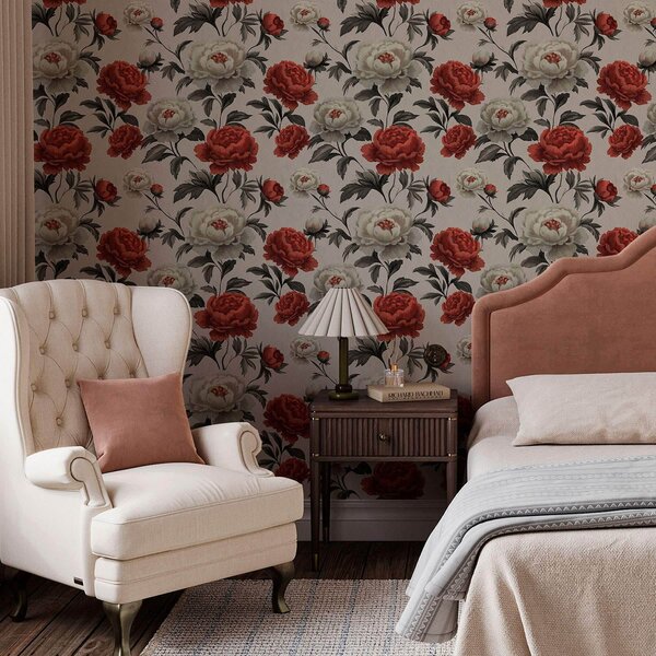 Tapet Peonies în stil retro pe un fundal bej, Tapet flori, a00107 : Uwalls.ro