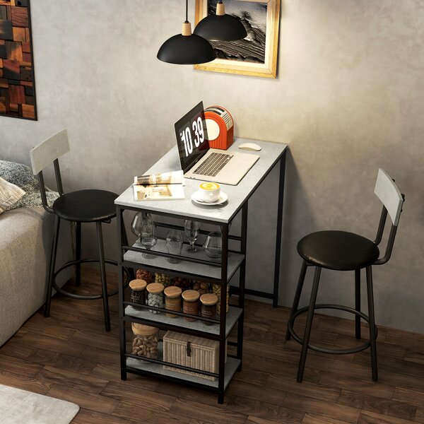 HOMCOM Set Masă de Bar cu 3 Rafturi și 2 Scaune cu Spătar, 90x50x90.5 cm, Gri Deschis | Aosom Romania