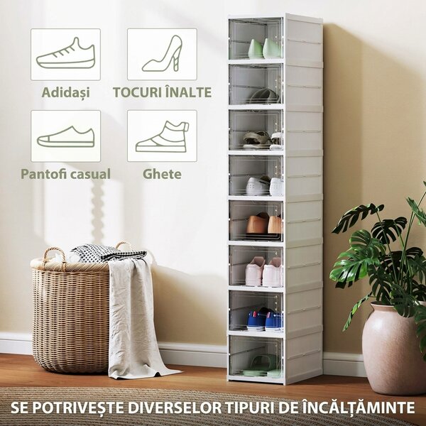 HOMCOM Dulap de Pantofi Modular cu 8 Cutii Stivuibile pentru Pantofi, 26x35x140 cm, Alb | Aosom Romania