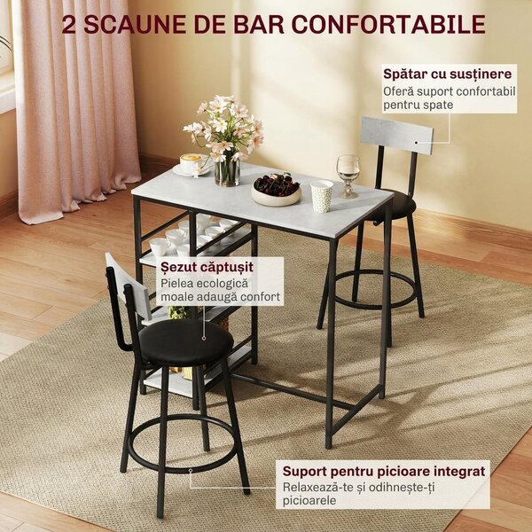 HOMCOM Set Masă de Bar cu 3 Rafturi și 2 Scaune cu Spătar, 90x50x90.5 cm, Gri Deschis | Aosom Romania