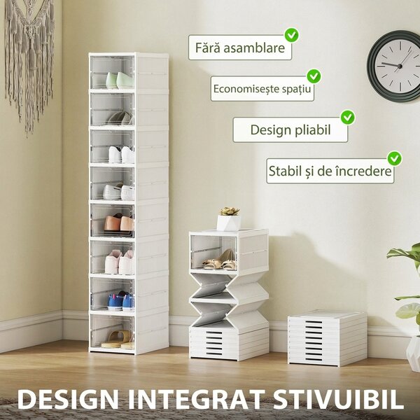 HOMCOM Dulap de Pantofi Modular cu 8 Cutii Stivuibile pentru Pantofi, 26x35x140 cm, Alb | Aosom Romania