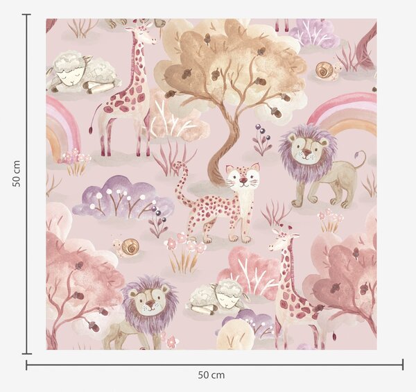 Tapet Pui de leu, girafe și curcubee într-o pădure pastelată, Tapet pentru copii, Tapet pentru fete, a00112 : Uwalls.ro