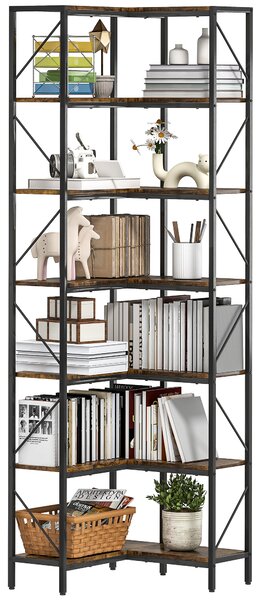 HOMCOM Bibliotecă de colț industrială cu 7 niveluri din pal melaminat și oțel, maro | Aosom Romania