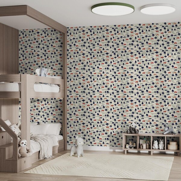 Tapet Funny masini printre copaci pe un fundal crem, Tapet pentru copii, a00119 : Uwalls.ro