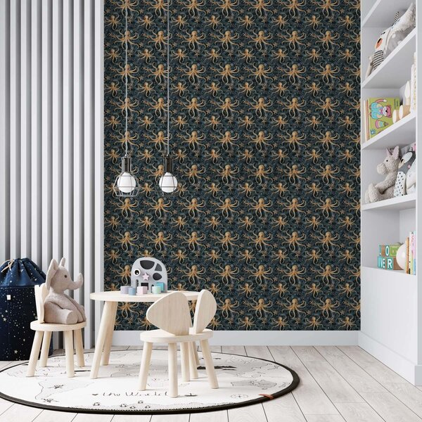 Tapet Octopus pe un fundal albastru închis, Tapet pentru copii, Tapet pentru fete, a00120v1 : Uwalls.ro