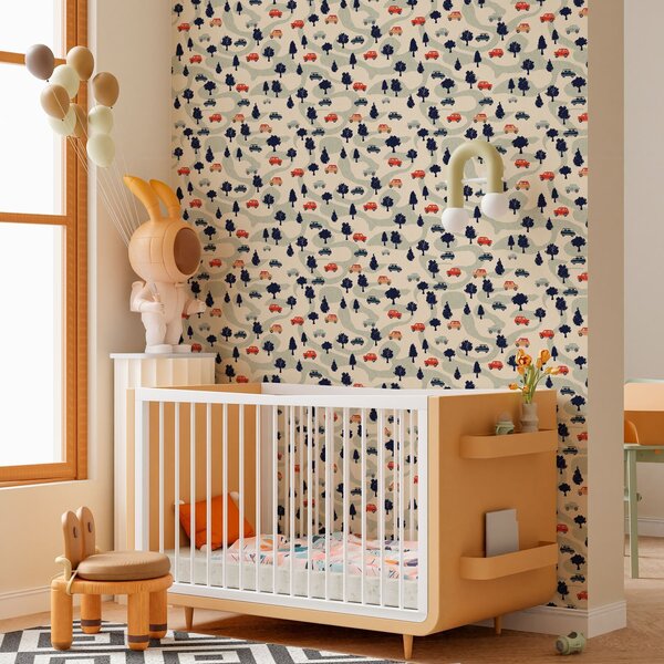 Tapet Funny masini printre copaci pe un fundal crem, Tapet pentru copii, a00119 : Uwalls.ro