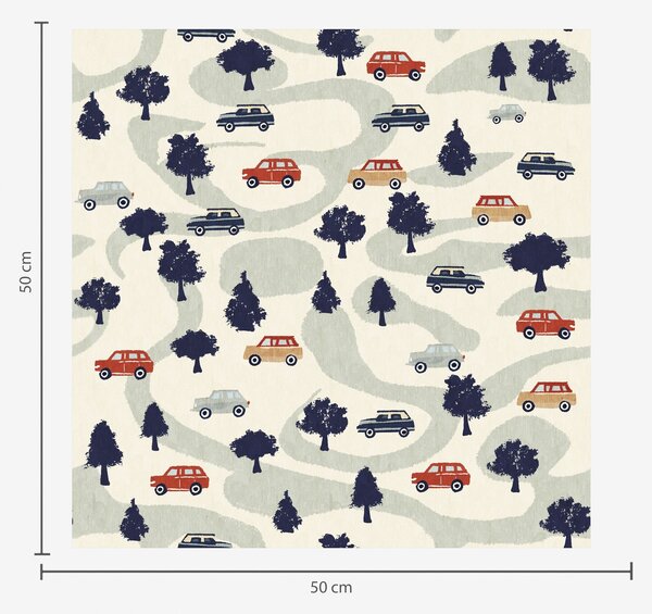 Tapet Funny masini printre copaci pe un fundal crem, Tapet pentru copii, a00119 : Uwalls.ro