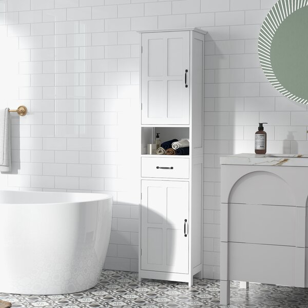 Kleankin Dulap Modern pentru Baie, Mobilier Îngust cu Raft Deschis, Sertar, Uși Încastrate și Rafturi Ajustabile Alb | Aosom Romania