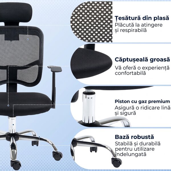 Vinsetto Scaun de Birou Ergonomic și Reglabil cu Tetieră, Negru | Aosom Romania