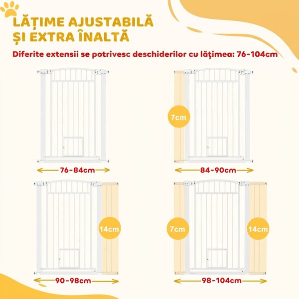 PawHut Poartă de Siguranță Extensibilă pentru Câini 76-104 x 106 cm, Deschidere cu O Singură Mână, Alb | Aosom Romania