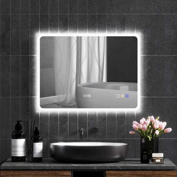 HOMCOM Oglindă LED pentru Baie cu Bluetooth, Iluminare Reglabilă și Funcție de Memorare, din Sticlă Securizată, 80x60x3,5 cm | Aosom Romania