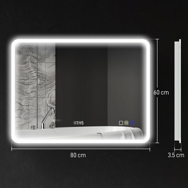 HOMCOM Oglindă LED pentru Baie cu Bluetooth, Iluminare Reglabilă și Funcție de Memorare, din Sticlă Securizată, 80x60x3,5 cm | Aosom Romania