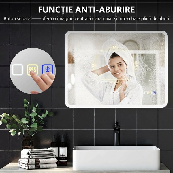 HOMCOM Oglindă LED pentru Baie cu Bluetooth, Iluminare Reglabilă și Funcție de Memorare, din Sticlă Securizată, 80x60x3,5 cm | Aosom Romania