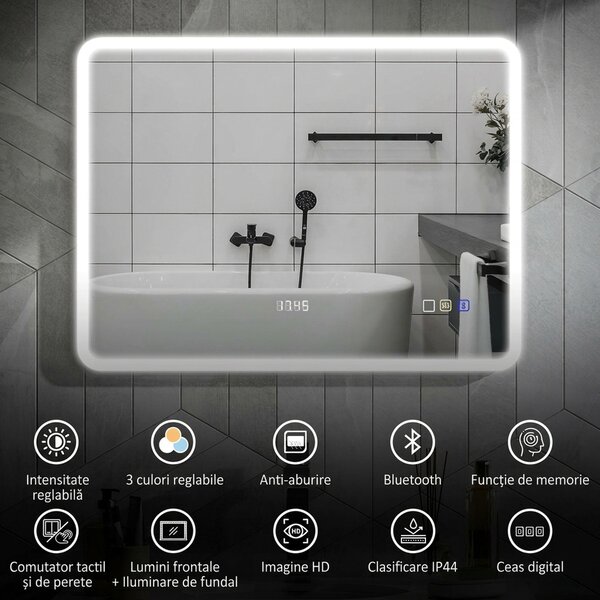 HOMCOM Oglindă LED pentru Baie cu Bluetooth, Iluminare Reglabilă și Funcție de Memorare, din Sticlă Securizată, 80x60x3,5 cm | Aosom Romania
