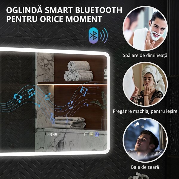 HOMCOM Oglindă LED pentru Baie cu Bluetooth, Iluminare Reglabilă și Funcție de Memorare, din Sticlă Securizată, 80x60x3,5 cm | Aosom Romania