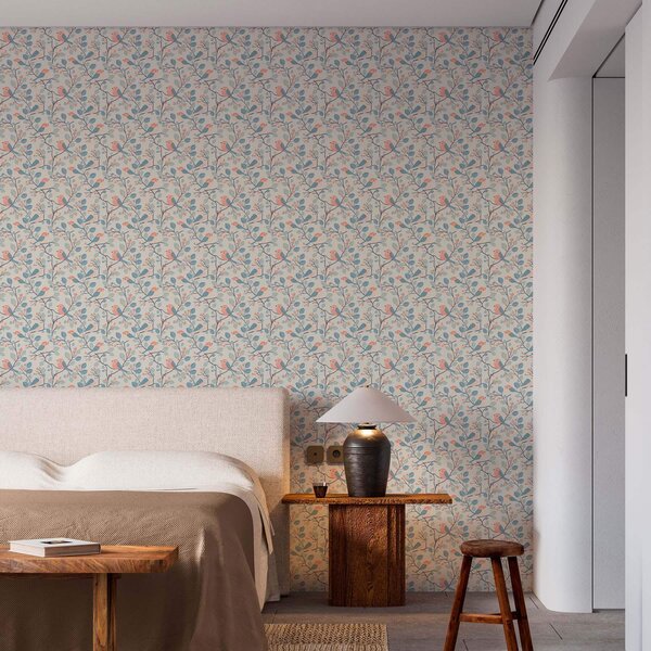 Tapet Pastel păsări și crengi pe un fundal luminos, Tapet rustic, a00128 : Uwalls.ro