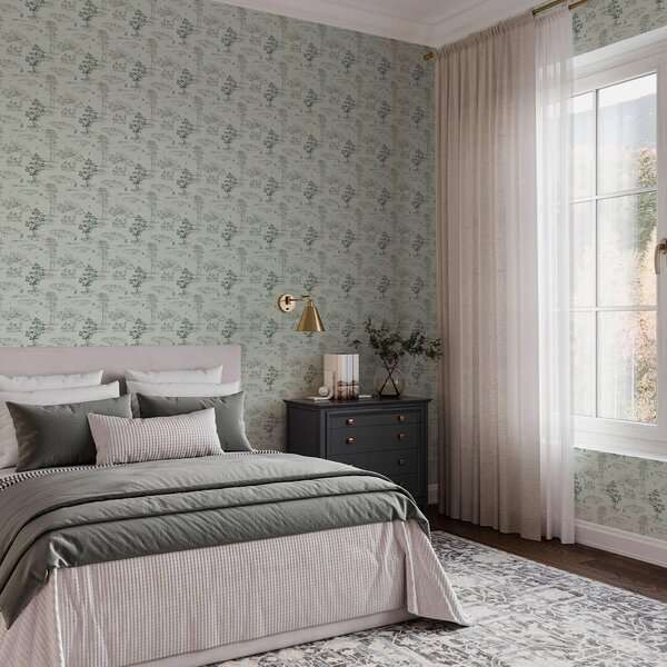 Tapet Scenă cu cai, copaci și castel pe fundal verde, Tapet vintage, a00133v1 : Uwalls.ro