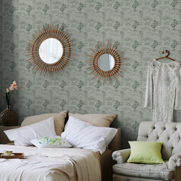 Tapet Scenă cu cai, copaci și castel pe fundal verde, Tapet vintage, a00133v1 : Uwalls.ro