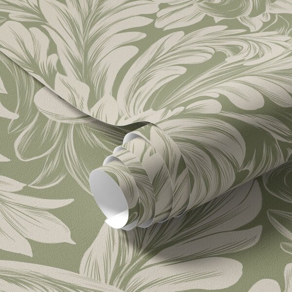 Tapet Baroc cu frunze crem pe fundal verde, Tapet flori, a00135 : Uwalls.ro