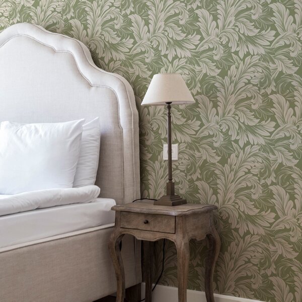 Tapet Baroc cu frunze crem pe fundal verde, Tapet flori, a00135 : Uwalls.ro
