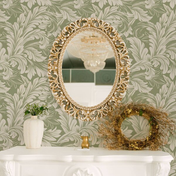 Tapet Baroc cu frunze crem pe fundal verde, Tapet flori, a00135 : Uwalls.ro