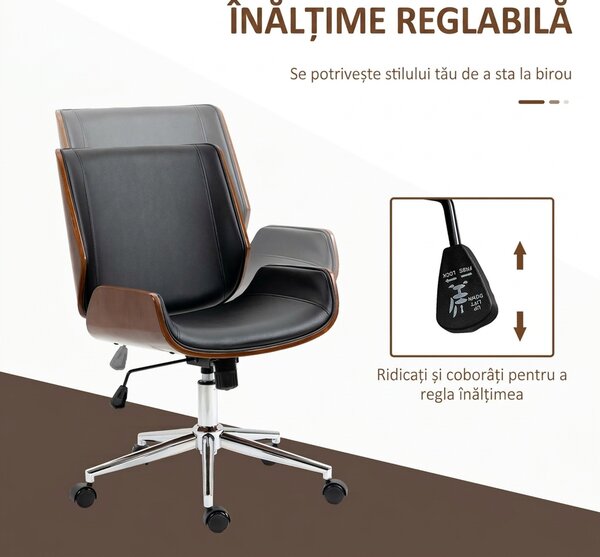 Vinsetto Scaun de birou Vintage, căptușit, din piele ecologică, lemn și oțel, 53x60x86-96 cm, negru și maro închis | Aosom Romania
