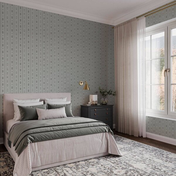 Tapet Motiv etnic cu modele în culorile gri și mentă, Tapet geometrie, Tapet dungi, a00138 : Uwalls.ro