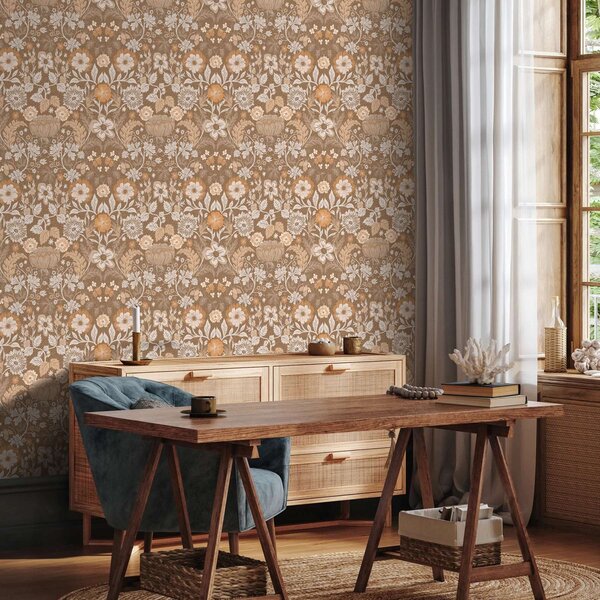 Tapet Compoziție florală din teracotă cu ornament, Tapet rustic, a00145v1 : Uwalls.ro