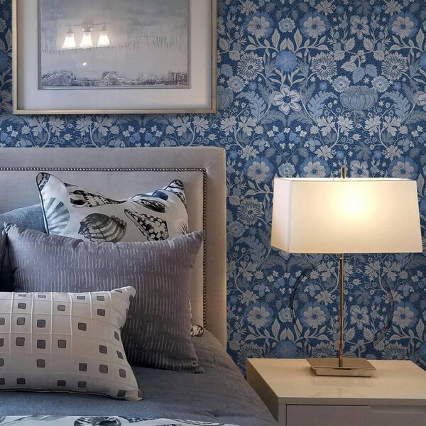 Tapet Imprimeu botanic albastru în stil vintage, Tapet stil englezesc, a00145v2 : Uwalls.ro
